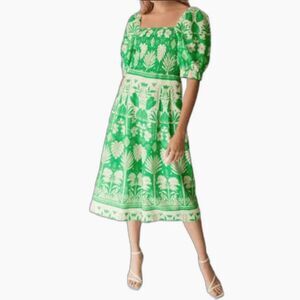 Gilner Farrar NWOT Miley Green Ivory Tropical Print Smocked Puff SS Midi Dress M